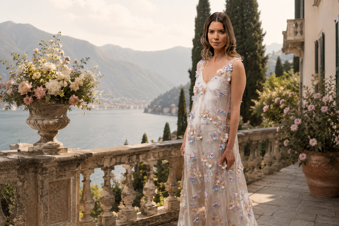 Petal Mist embellished floral dress by Preema Aura, worn over a full-length satin slip. 