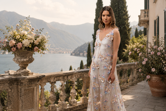 Petal Mist embellished floral dress by Preema Aura, worn over a full-length satin slip. 
