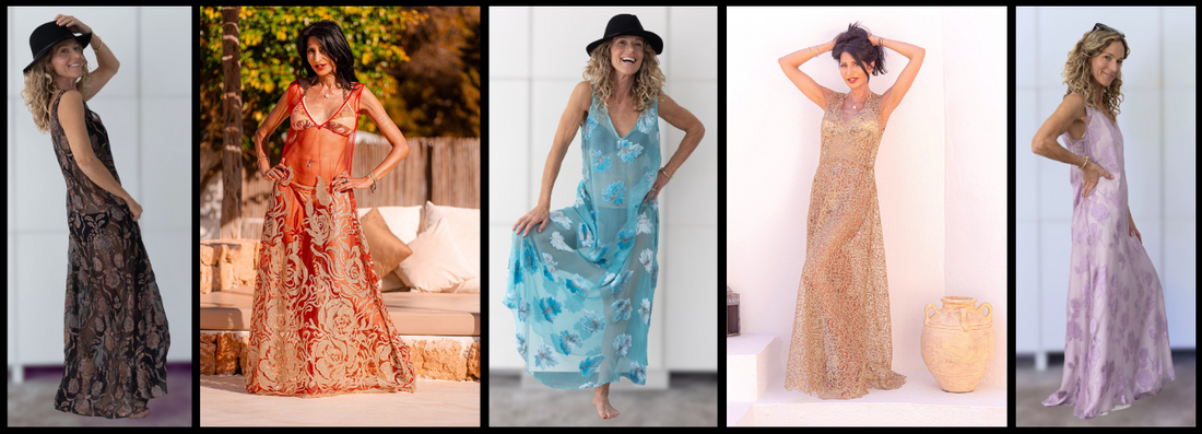 Luxury sheer maxi dresses by Preema Aura in layered, flowing designs, styled for elegant resortwear and sheer dress fashion in the UK