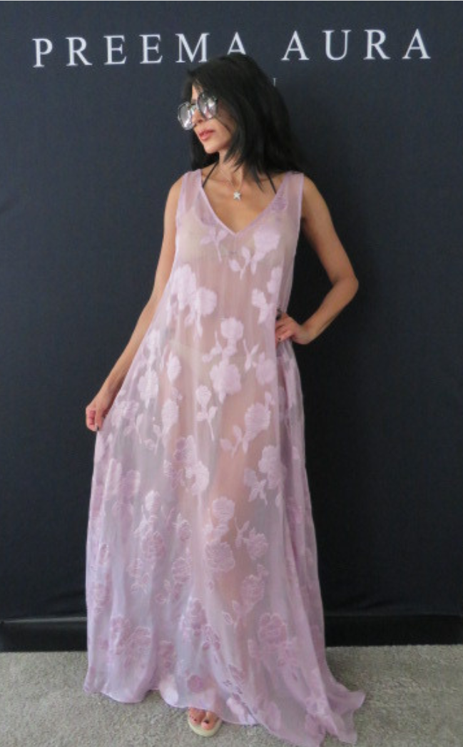 Model wearing Preema Aura Soul Series Dusk dress – sheer lavender maxi gown with tonal floral embroidery and lightweight flow