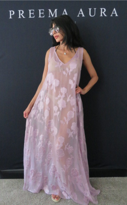 Model wearing Preema Aura Soul Series Dusk dress – sheer lavender maxi gown with tonal floral embroidery and lightweight flow