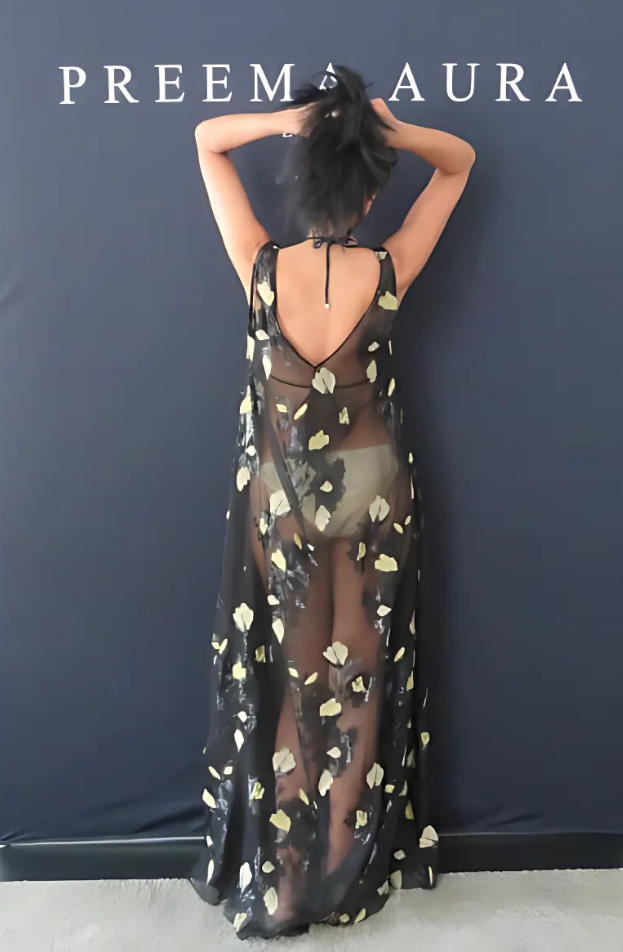 Back view of the Soul Eclipse black silk floral dress with deep scoop back and flowing silhouette – Preema Aura statement gown