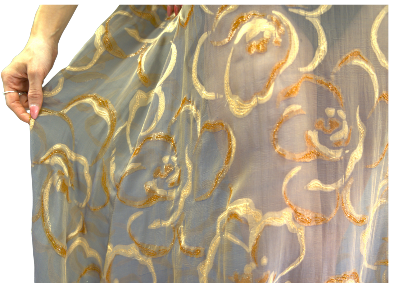 Soul Ember, sheer dress with gold and bronze detailing, made from 100% French Silk