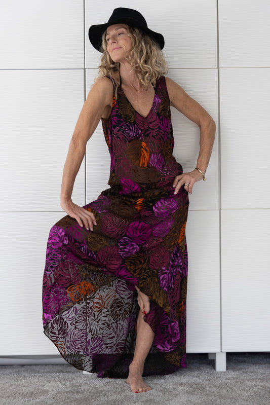 Soul Flame by Preema Aura – limited-edition Soul Series dress featuring abstract florals in fiery magenta and amber tones, designed to embody individuality and confidence.