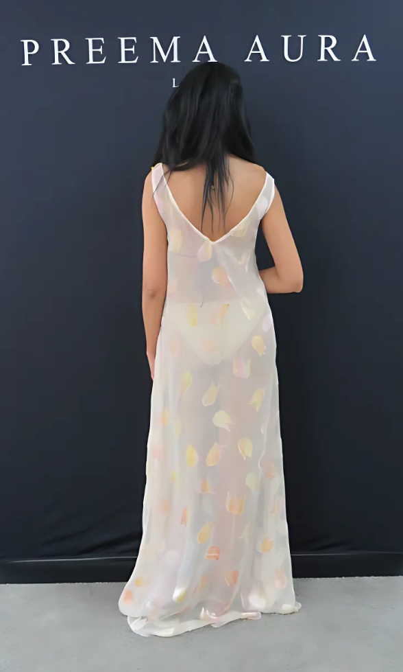 Back view of Soul Glimmer dress by Preema Aura – ivory silk gown with deep V back and translucent floral embroidery