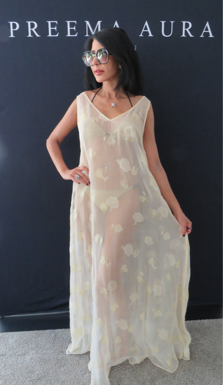 Preema Aura Soul Series Lune dress – sheer ivory maxi with V neckline, hand-embroidered yellow florals, and light, airy drape