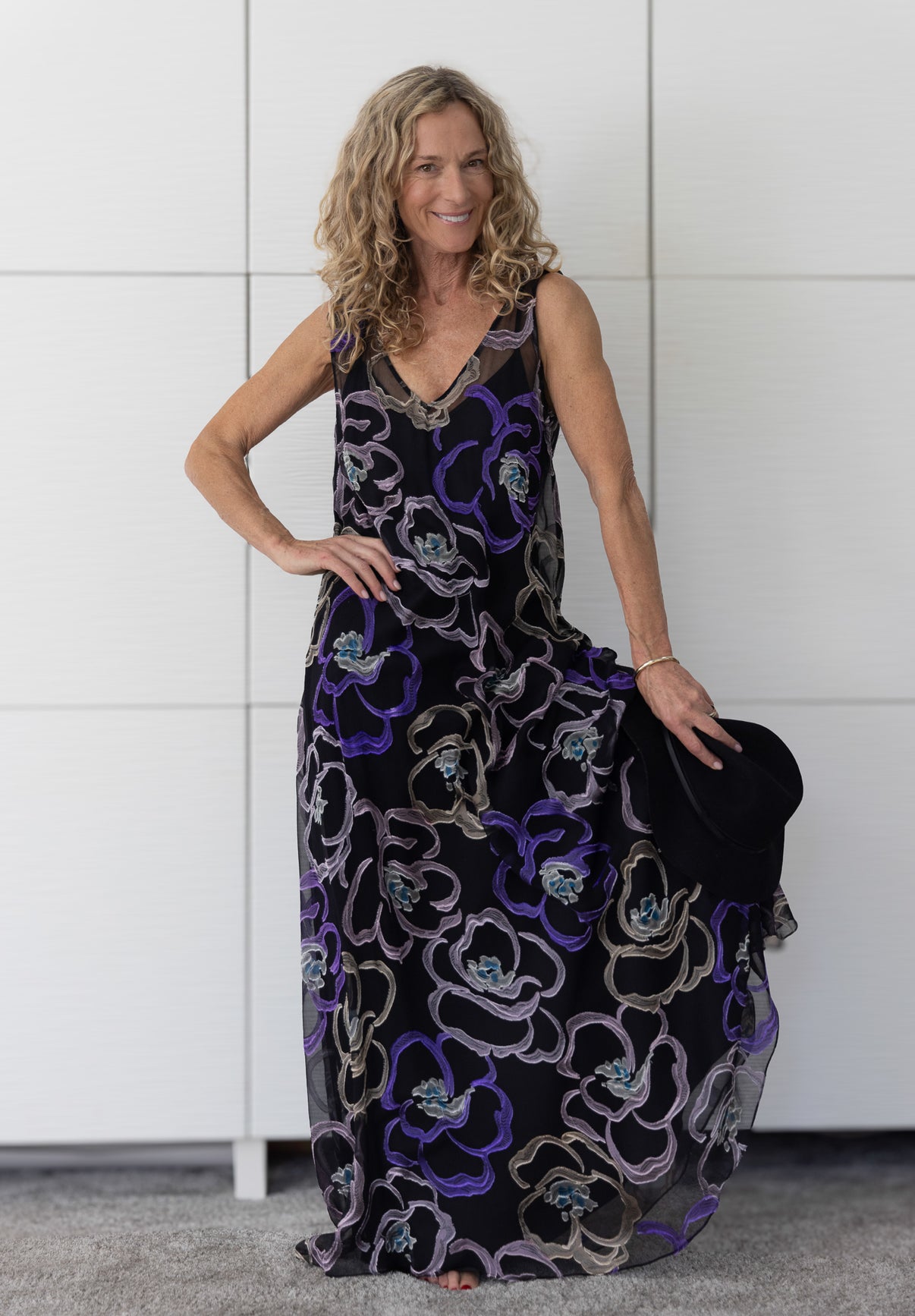 Soul Mirage by Preema Aura – bold sheer floral dress layered over a black slip, highlighting deep violet and taupe tones within a fluid, ethereal silhouette.