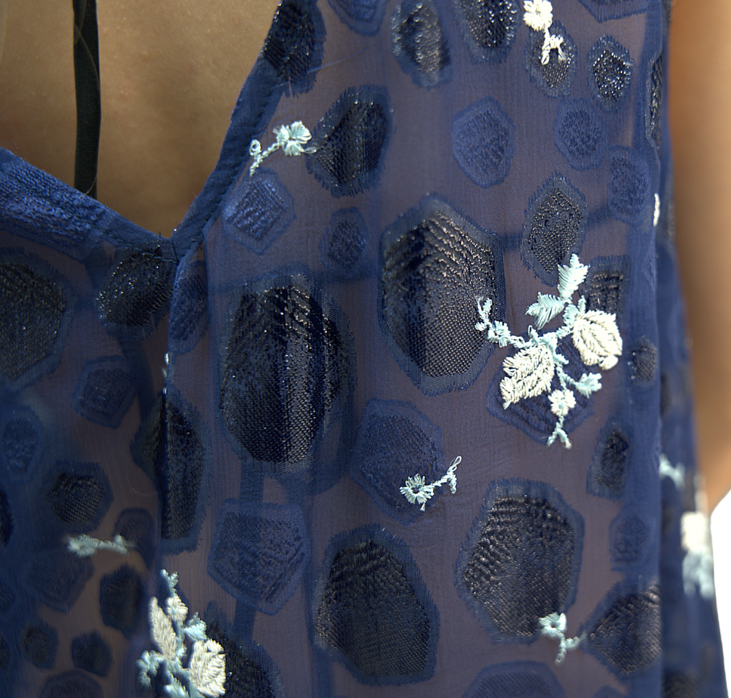 Close-up of Preema Aura Soul Series Nightfall dress – sheer navy fabric with textured geometric detailing and delicate white floral embroidery.