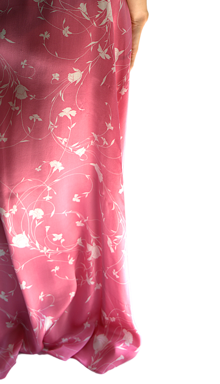 A close-up of a model wearing the Soul Petal dress from Preema Aura's Soul Series – a flowing, floor-length gown designed for effortless elegance, crafted in lightweight fabric for luxury resort wear and timeless occasion dressing.