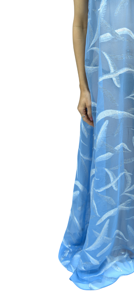 Close-up of Soul Soar silk fabric showcasing blue and white embroidered feather motifs – ethereal texture from Preema Aura’s Soul Series.