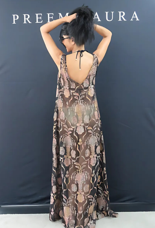 "Back view of Soul Sway black silk gown with metallic floral jacquard – sheer and lightweight luxury design"