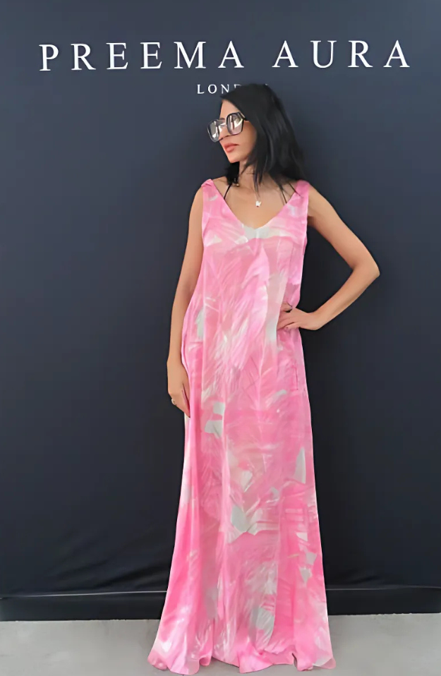 Luxury pink silk Soul Wild dress with flowing silhouette and pastel brushstroke floral detailing – Preema Aura resort wear.