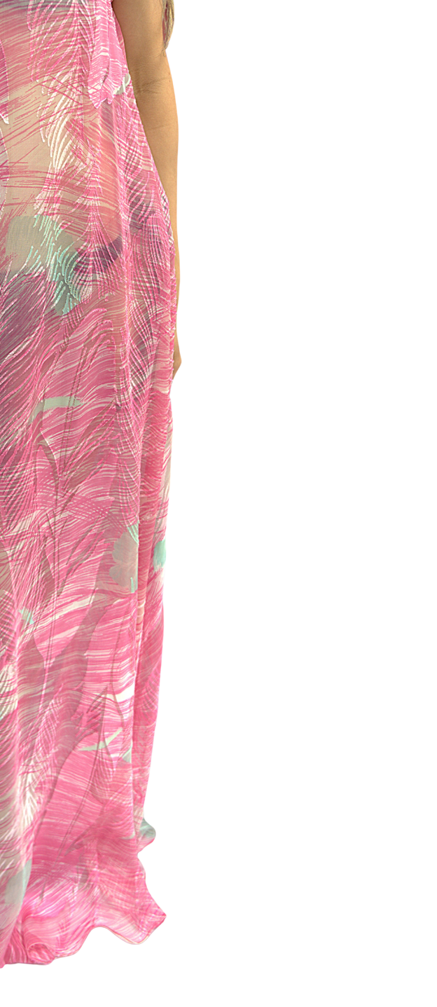 Detailed view of Soul Wild dress fabric in vibrant pink silk with swirling abstract florals and soft mint accents – Preema Aura.