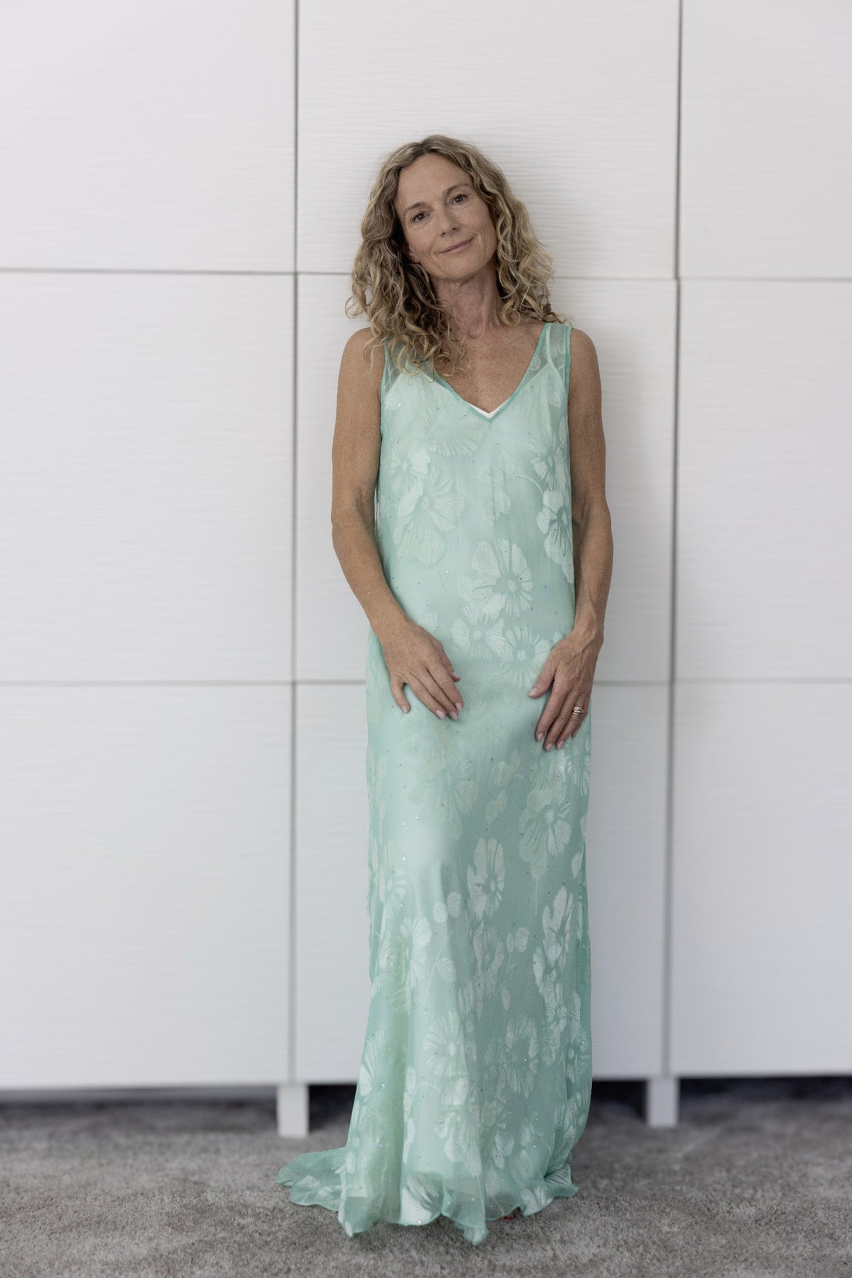Preema Aura Soul Eden sheer silk mint-green maxi dress layered with a cream slip, radiating serenity and natural sophistication for sun-to-soirée wear
