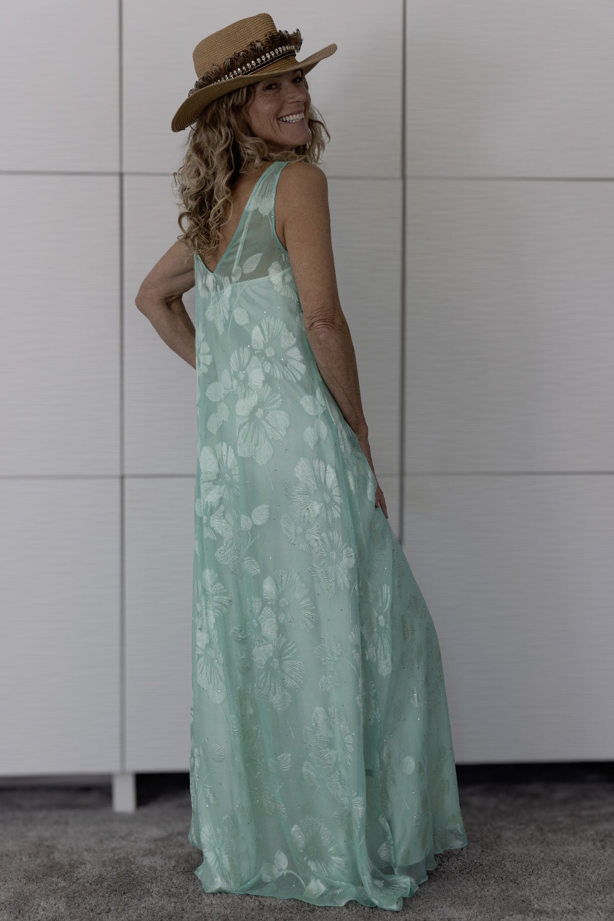 Preema Aura Soul Eden mint-green floral sheer silk maxi dress, hand-crafted in London for effortless elegance and luminous resort style.
