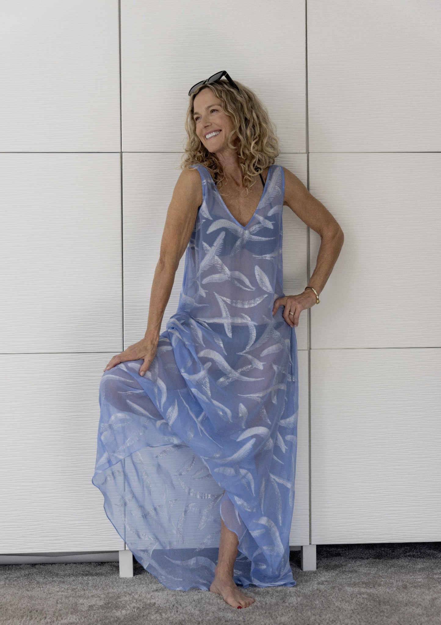 Model in the Preema Aura Soul Soar blue silk maxi dress, showcasing its flowing silhouette and lightweight luxury from the Soul Series.