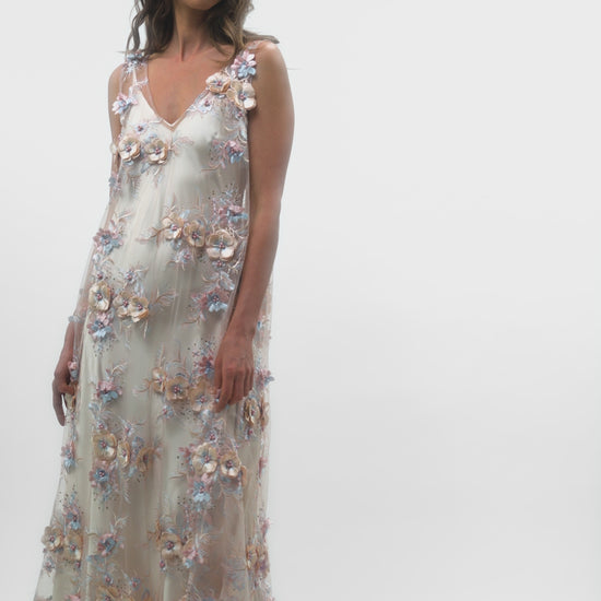 Petal Mist by Preema Aura - a flowing sheer dress with floral embellishments, worn over a cream slip