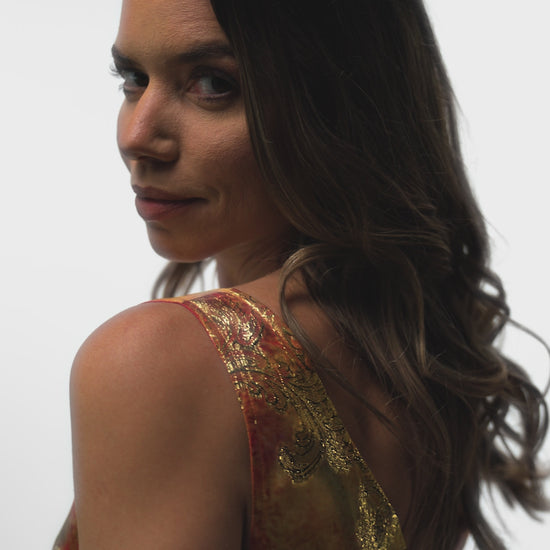 Mystique Horizons dress by Preema Aura - a flowing, vibrant dress in red, orange and gold