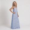 Model wearing the Preema Aura Soul Soar sheer blue maxi dress over a cream satin slip, showing the soft movement and flow of the fabric