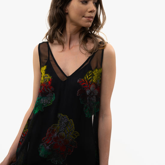A model showing the flowing movement of the Dusky Rose dress by Preema Aura. A sheer black dress with vibrant floral patterns. 